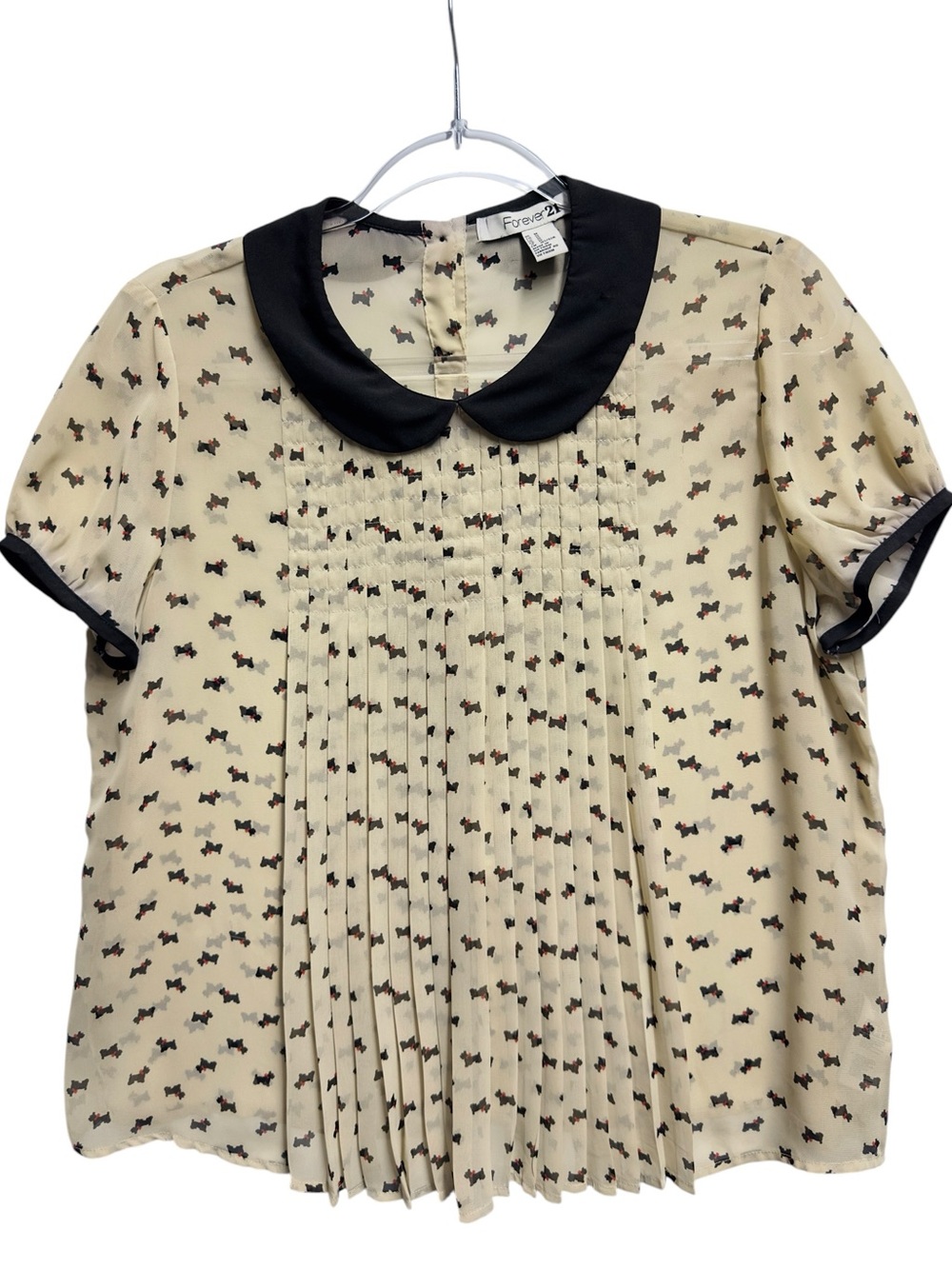 Chiffon Silky Puppy Dog Dots Pleated Babydoll Flare Peter Pan Collar Blouse Top